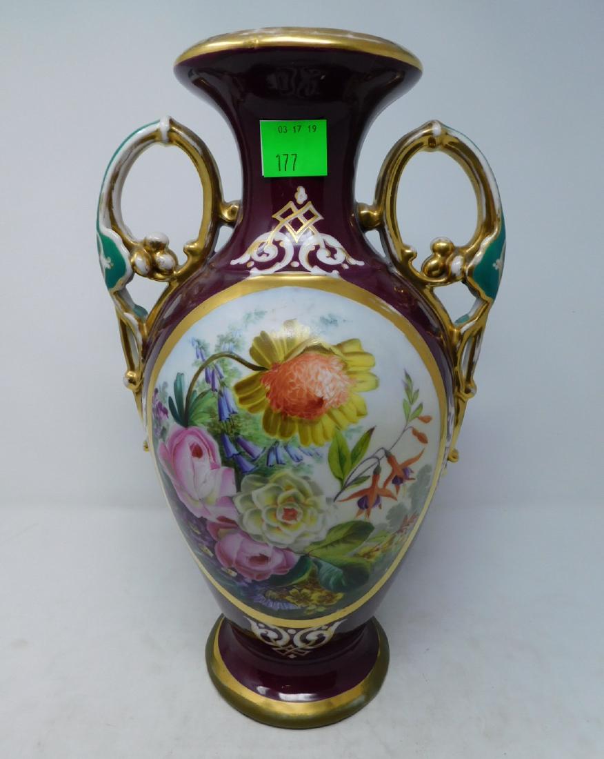 Rococo Revival Vieux Paris Porcelain Vase: Rococo Revival Vieux Paris Porcelain Vase: A fine and very large Old Paris porcelain vase in the Rococo Revival style. Burgundy ground with large oval reserve on observe of hand-painted flowers. Handl