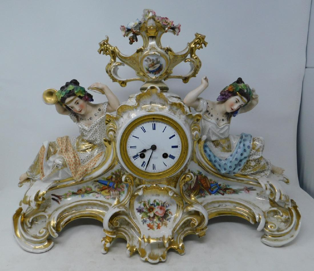 Stevenard Mantle Clock Vieux Paris Porcelain Case: Stevenard Mantle Clock Vieux Paris Porcelain Case: A large and elaborate Old Paris porcelain figural mantle clock in the Rococo Revival style, the case consisting of an elaborate plinth, hand=-painted