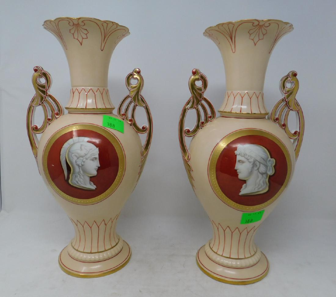 Pair Large Vieux Paris Porcelain Vases: Pair Large Vieux Paris Porcelain Vases: A pair of good, large Old Paris porcelain vases of elongated baluster form with unusual, fan-like handles. Peach ground with medallions of Classical male and fe