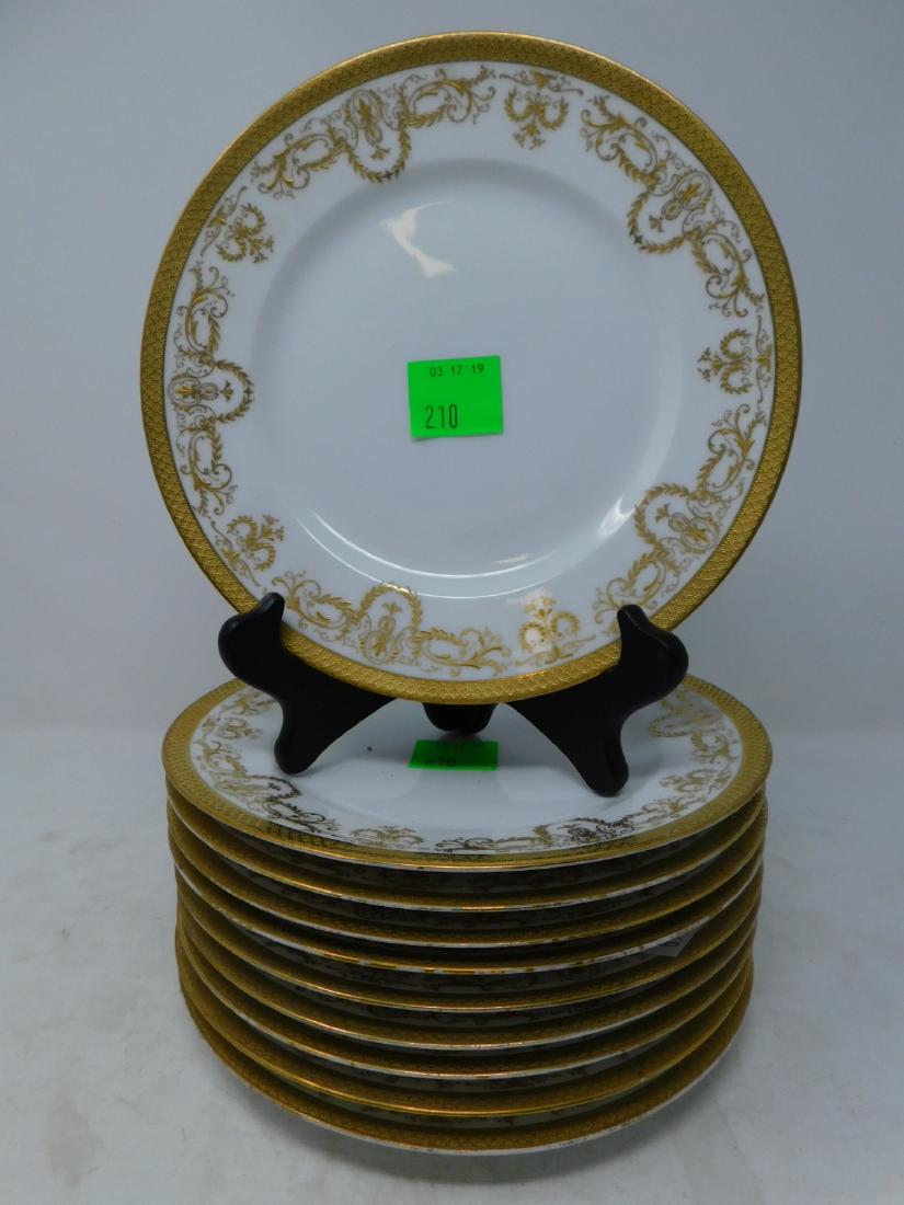 Ahrdenfeldt Limoges White & Gold Porcelain Plates: [10 items] Ahrdenfeldt Limoges White & Gold Porcelain Plates: Set of ten, White porcelain blanks decorated with raised gold decoration. Made by C Ahrenfeldt & Cie Limoges for C Reizenstein, Pittsburgh