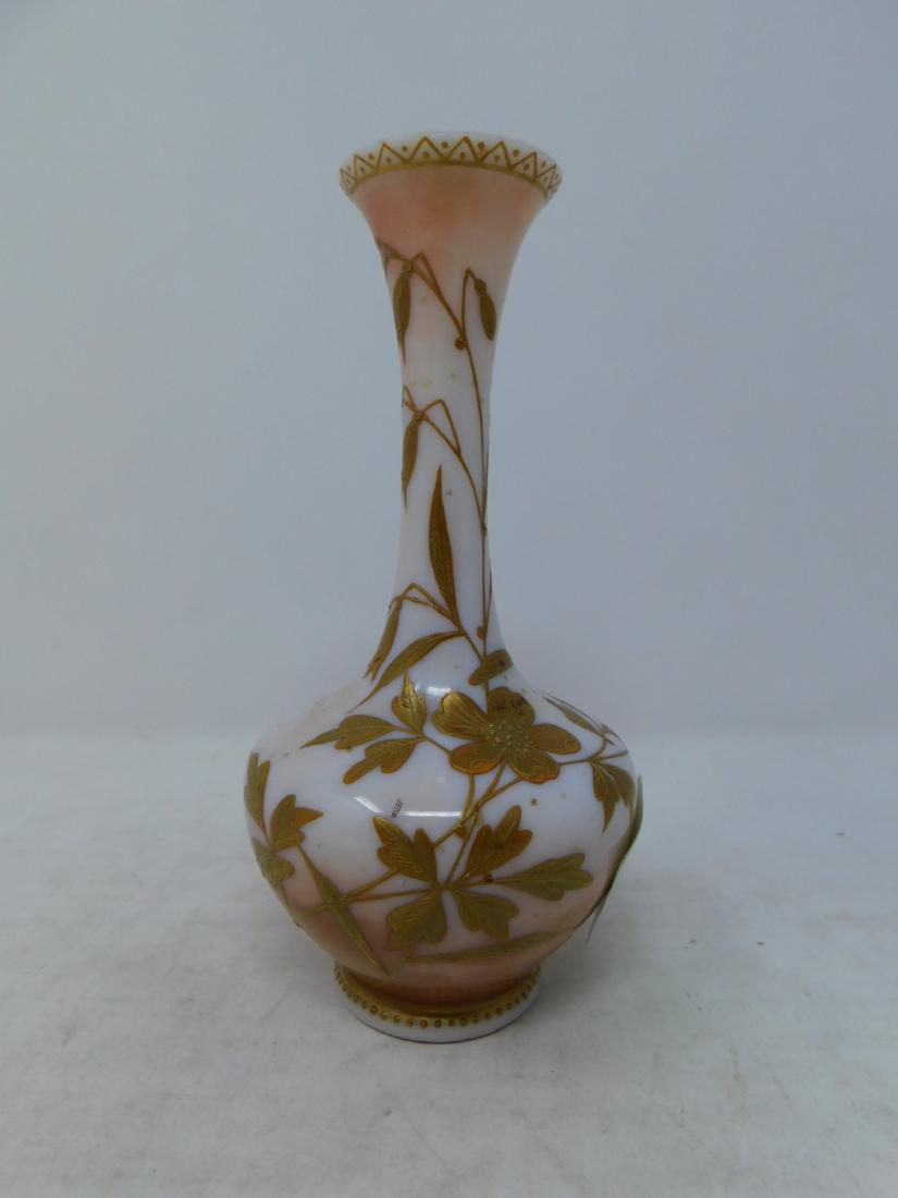 Hand-Painted Bohemian Cabinet Vase: Hand-Painted Bohemian Cabinet Vase: A small, opal glass vase decorated with hand-painted raised gold flroal designs against a lightly-applied pink-gold ground. Marked: Z. 64311 P. 161" on bottom. Late