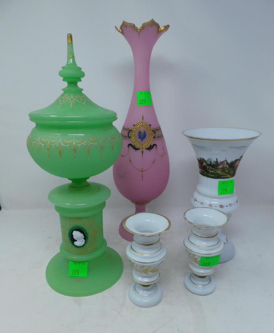 Five 19th c Bohemian Opaline Glass Items: Five 19th c Bohemian Opaline Glass Items: Consiting of: A large pink opaline glass vase with 'cut rim and complex hand-painted decoration; a green opaline lidded, a footed vessel with an applied cameo
