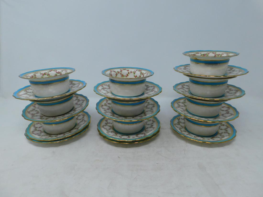 George Jones & Sons Ramekins: [10 items] George Jones & Sons Ramekins: A set of ten individual porcelain ramekins or pudding cups with twelve underplates. Decorated with turquoise bands and small transfer-printed garlands of pink 