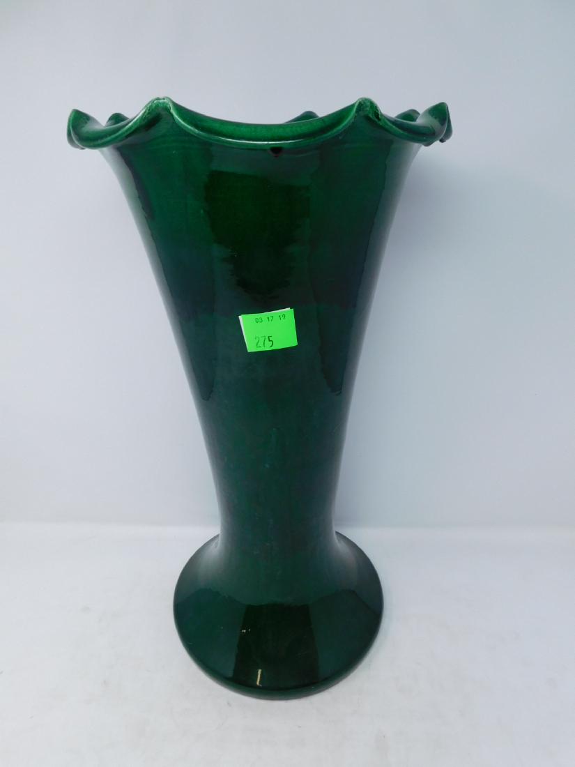 Awaji Pottery Floor Vase or Umbrella Stand: Awaji Pottery Floor Vase or Umbrella Stand: Hand-thrown, white clay, conical firm with scalloped edge at rim, broad foot. Emerald green glaze. Unmarked; Japanese, early 20th century. Provenance: Rober