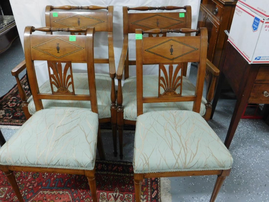 Set 4 Biedermeier Chairs: Set four Biedermeier Chairs, Fruitwood turned crest rail over a panel with brass ebony diamond inlaid frame centered by an Amphora form inlaid jug, again over an open work plume form panel, celery gre