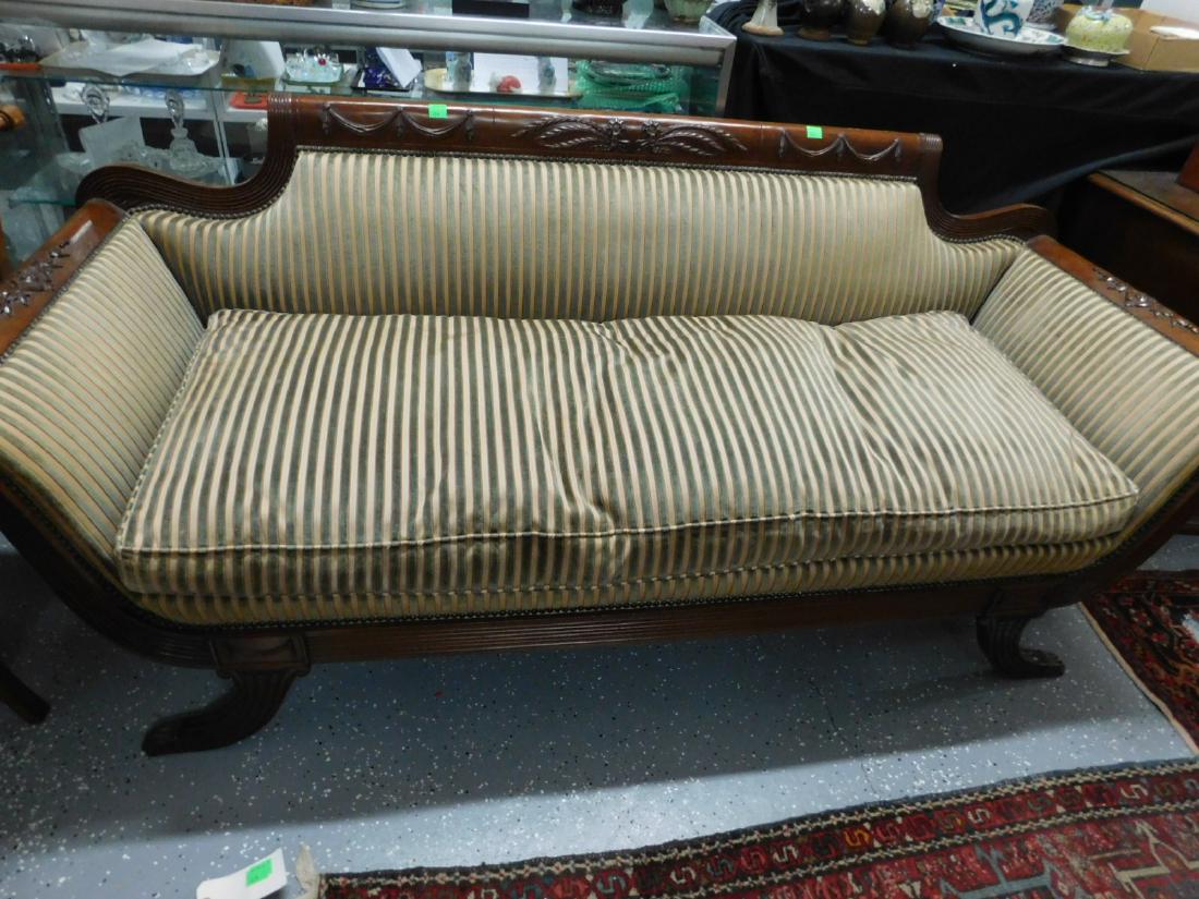 Duncan Phyfe Style Sofa: Duncan Phyfe Style Sofa, mahogany, features wheat and drape carved crest, scroll curved arms with bell flower carved tops on a reeded frame, sabre legs with brass claw feet, stripped avocado and peach