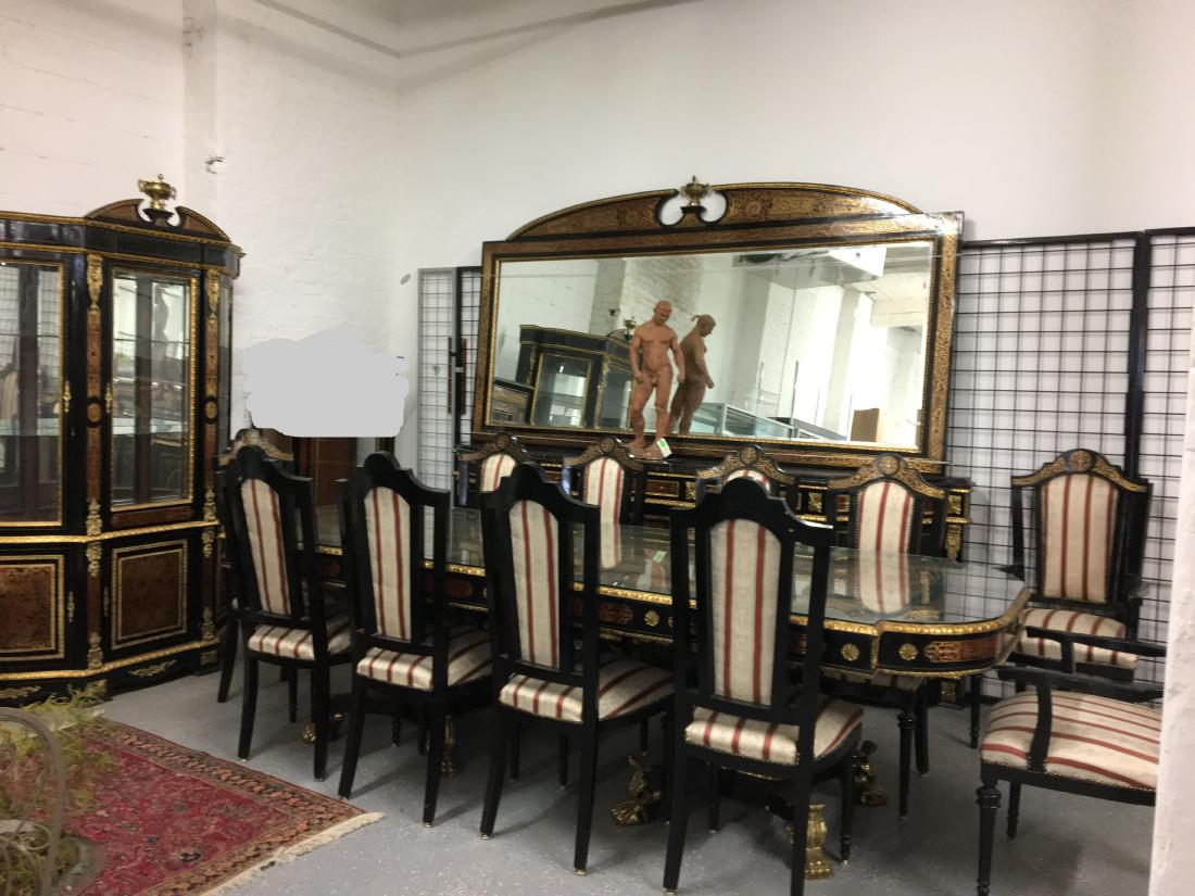 16 Pc Napoleon III Style Dining Room Set: Sixteen Piece Napoleon III Style Dining Room Set, Boulle work with acanthus and scroll inlays on faux-painted shell and ebonized wood cabinetry, elaborate bronze moons, bordering and large claw feet o