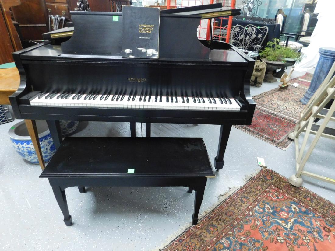 Kranich & Bach Baby Grand Piano & Bench: Kranich and Bach Baby Grand Piano and Bench, black satin finish, tapered square legs with spade feet and casters, serial #77182, 62"l. CONDITION: Few surface scratches and dings, needs tuning.