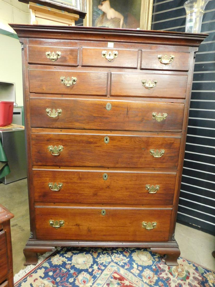 American Chippendale Period High Chest of Drawers: American Chippendale Period High Chest of Drawers, mahogany, ogee molded flat top, three over two short drawers again over four graduated over lapping long drawers, fluted quart round corner columns, 
