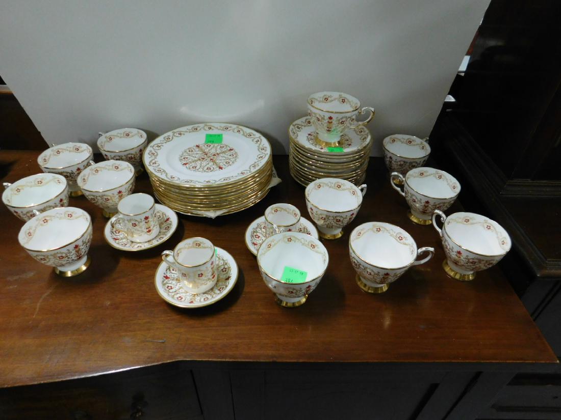 42 Piece Tuscan Bone China Set: 42 Piece Tuscan Fine English Bone China Set, Richelieu pattern, F-159 including: twelve luncheon plates, 8 1/4"; twelve tea cups and twelve saucers, plus three demitasse cups and saucers. CONDITION: N