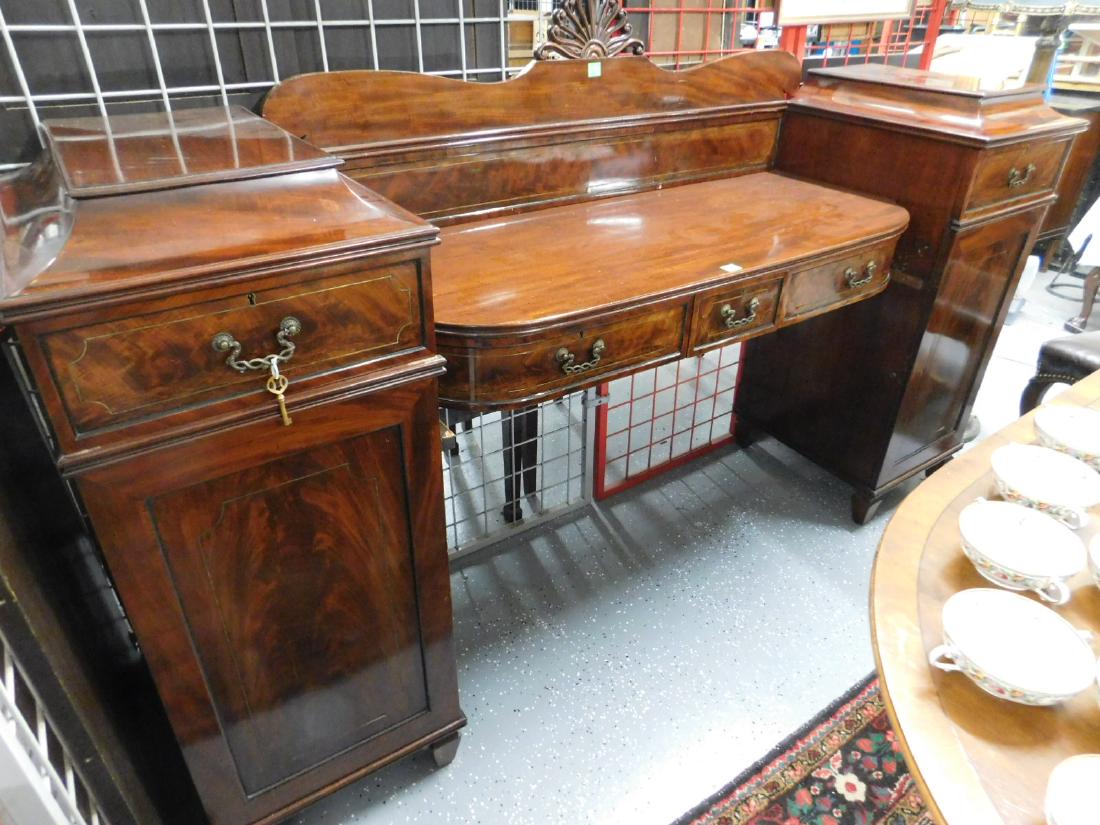 Florian Papp Inc. Classical Sideboard: Florian Papp Inc. Classical Sideboard, mahogany, in four parts, with brass line inlays, figured mahogany recess paneled door and drawer fronts, cast dragon form bale brasses, key and locks, Papp NY la