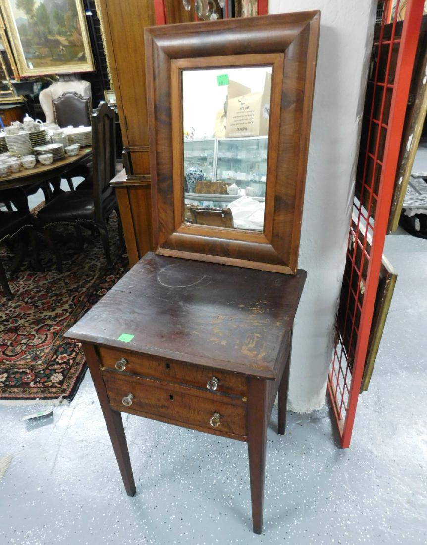 Antique Work Stand & Mirror: Antique Work Stand and Mirror, Country Hepplewhite curly maple and cherry two locking drawer stand with glass knobs and tapered square legs, 20 1/2" x 18 1/4" x 29", and on Empire mahogany convex fram