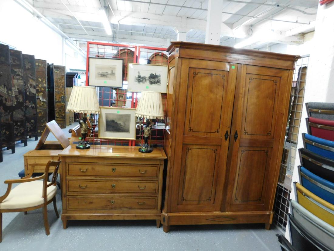 Biedermeier 3 Pc Bedroom Set: Biedermeier three piece Bedroom Set, assembled, fruitwood with ebonized line inlay; includes: three drawer bureau with brass shield escutcheons, 45 3/4" x 18 1/2" x 35", a headboard with green cloth u