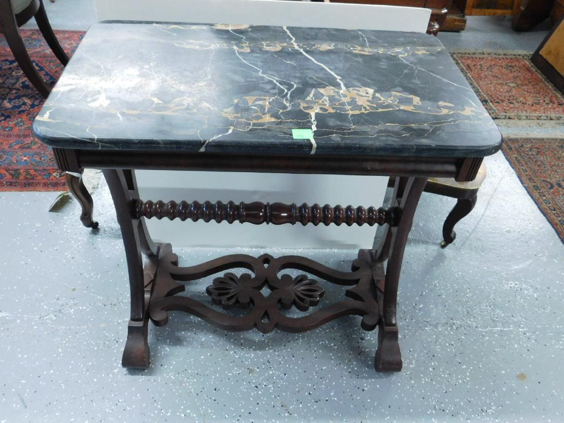 Classical Sofa Table: Classical Sofa Table, mahogany rectangular rounded edge variegated black brown and white marble top upon an ogee molded frieze, "X" form supports with ring and urn turned mid stretcher; joined cut out