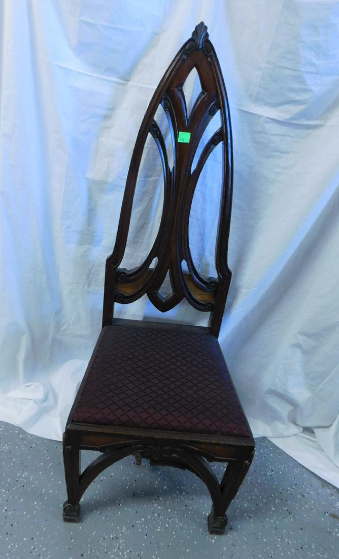 Gothic Revival Side Chair: Gothic Revival Side Chair, walnut, unique pointed arch back with fan over open work scroll carvings, slip seat with maple recessed panels on apron over joining scrolled and square legs on block feet, 