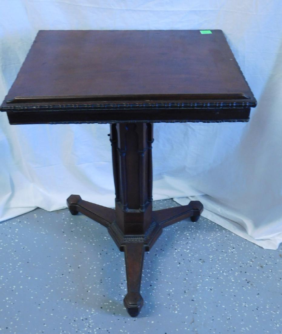 Gothic Revival Lectern: Gothic Revival Lectern, mahogany, carved edge fold down lectern with lip on an adjustable height hexagonal Gothic arched column on a three footed platform base with ringed cone feet, c 1845-65, 18" x 