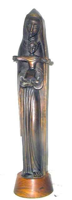 J. Lambert-Rucki signed bronze figure: J. [ean] Lambert-Rucki signed bronze 16" Madonna w/child figure mounted on wood base, overall size 17 3/4"