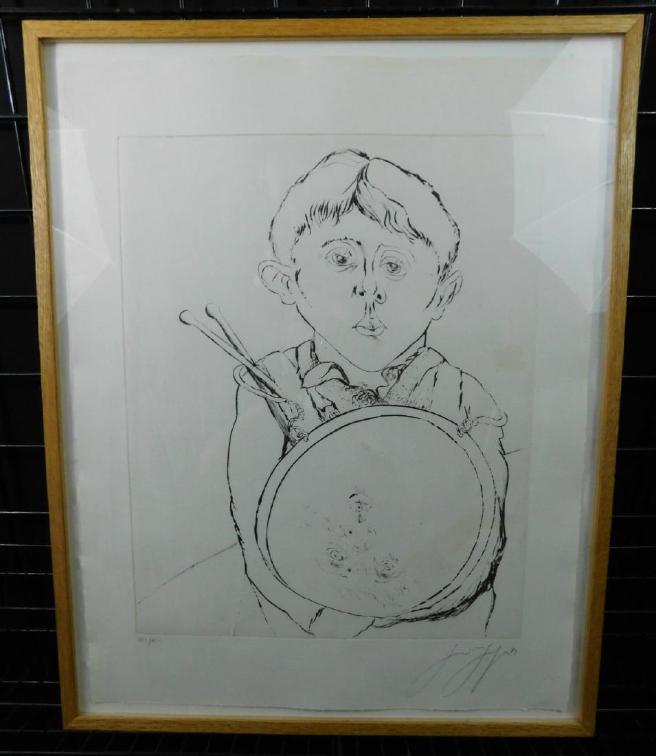 Gunter Grass "David as Oscar II" Etching: Gunter Grass "David as Oscar II" Etching. A framed etching by author and artist Gunter Grass, titled "David as Oskar II", executed in 1979. It shows a boy holding a toy drum in which you can see the r