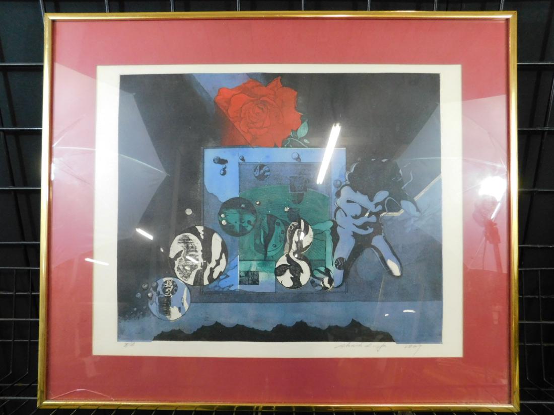 Shaih Li-Fa Colored Etching: Shaih Li-Fa Colored Etching. A framed etching, printed in colors, by Shaih Lifa (Taiwanese, 1938), a surreal scene surmounted by a red rose. Signed lower right, dated 1969; Artist's proof. Size: plate