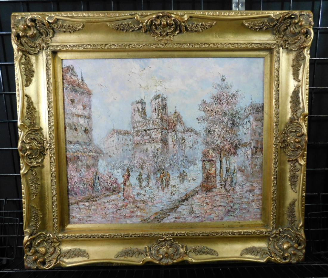 Marie Charlot o/c Notre Dame de Paris: Marie Charlot o/c Notre Dame de Paris. A framed oil on canvas of Notre Dame in Paris with figures in the foreground, rendered in a rich impasto, signed Marie Charlot (French, 20th c) lower right in re