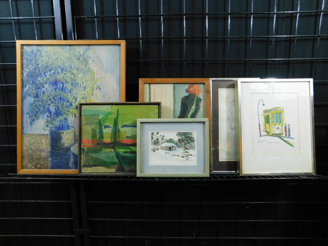 Lot Estate Artwork: Lot Estate Artwork: five pieces: a watercolor of a sweat lodge signed Wanda Coffey, a pencil drawing of a nude female signed Bruce Ratner[?] A mixed media collage by JB Bishop, A still life titled "Mo