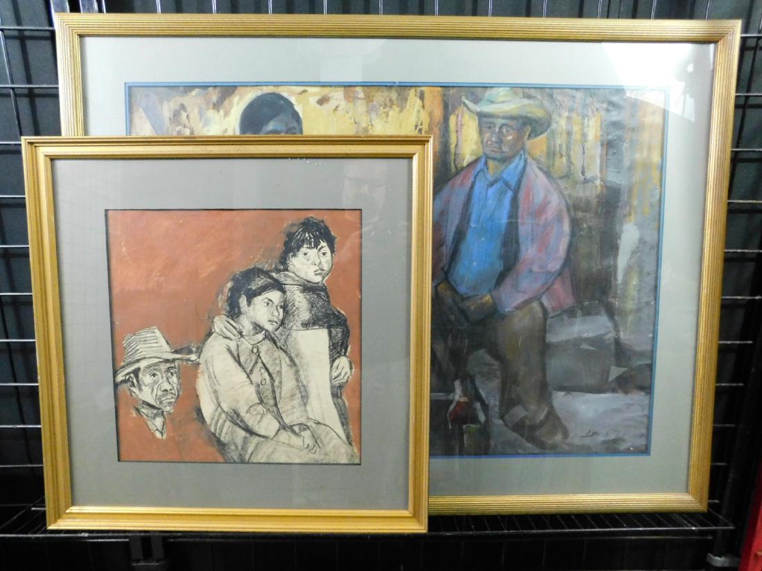 Two Figural Works by Louis Levine: Two Figural Works by Louis Levine: two framed pastel and goauche on paper works by American artist Louis Levine, done in Mexico or Central America. The smaller is of a family group against a terraacot