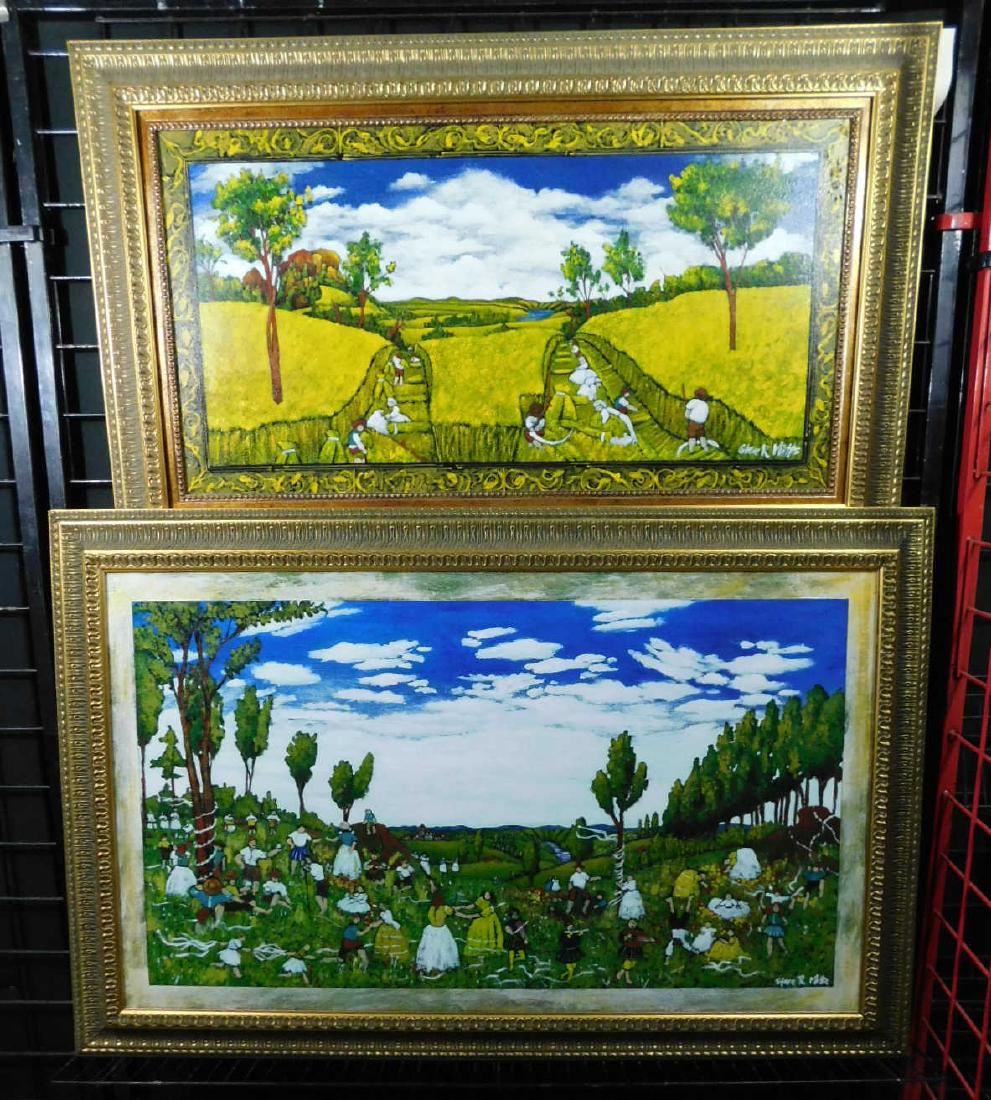 Steve R Mitts Two Paintings: Steve R Mitts Two Paintings: acrylic on canvas by Canadian artist Steve R Mitts, one titled "Harvest" the other "Summer" both painted in his signature naif style. Both dated 1998, signed front right a