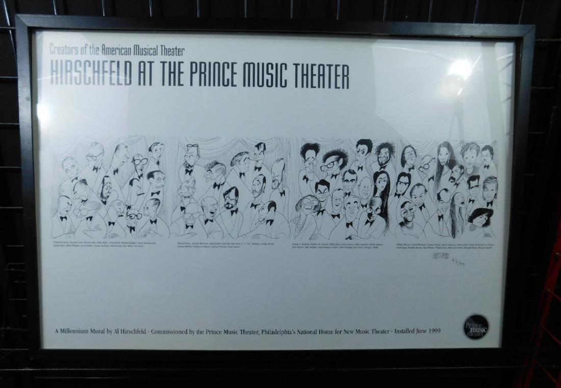 Al Hirschfeld Prince Music Theater Signed Poster: Al Hirschfeld Prince Music Theater Signed Poster: A large offset litho poster printed for the opening of the Prince Music Theater in Philadelphia in 1999, illustrating the four-part mural titled "Crea