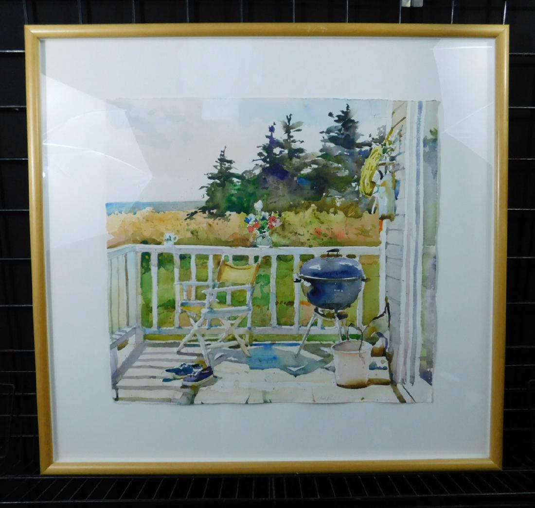 Charles Reid w/c Weber Grill: Charles Reid w/c Weber Grill: a fine large watercolor on paper by artist and author Charles Reid (American, titled "Weber Grill" showing a view of a deck in summer on a house near the water, with the