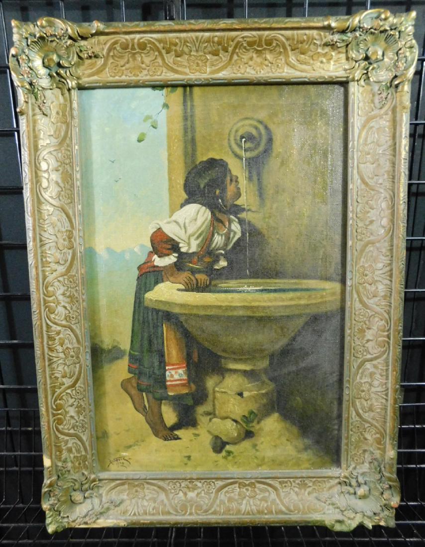 After Leon Bonnat Roman Girl at a Fountain o/c: After Leon Bonnat Roman Girl at a Fountain o/c, copy of the classic Romantic painting in the collection of the Metropolitan Museum of Art. Signed R Sevia dated 1930. Vintage shipping label applied to 