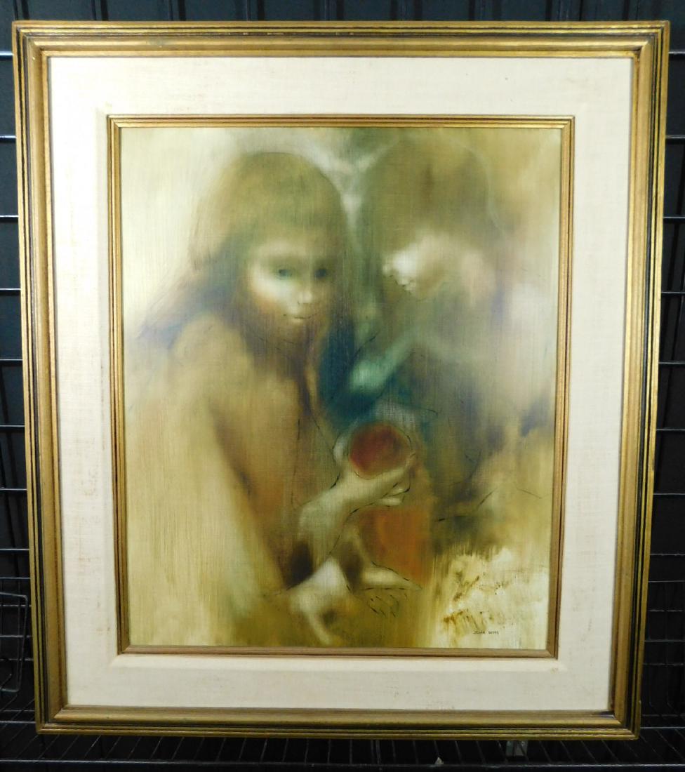 Zora Duvall "The Red Ball": Zora Duvall "The Red Ball", a framed oil on panel by Chicago-area artist Zora DuVall, who specialized in these thinly-painted sepia scenes of children with a veil-like effect, often holding a strongly