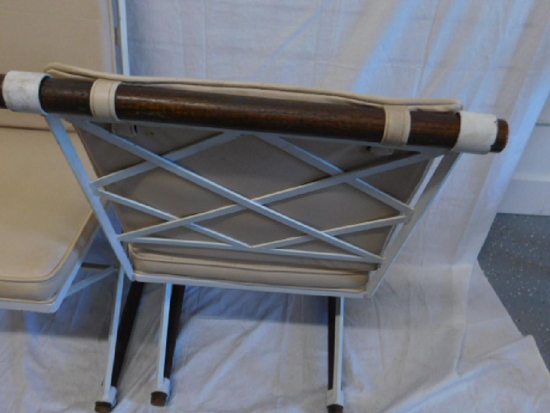 Set of 3 Cleo Baldon Style Side Chairs: Set of 3 Cleo Baldon Style Side Chairs,wrought iron painted white with oak rod top and base rails, peach vinyl seats and backs,20th C, 32 1/2"h. CONDITION: Areas of paint and oak wear and losses.