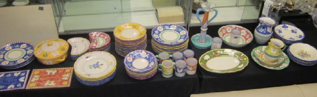 75 pc. Vietri Redware Pottery Dishware: 75 pc. Vietri Redware Pottery Dishware, Solimene pattern, made in Italy, hand painted with fruit, flower and animal design including; (3) plates, straight edge, 12" dia., (2) tile trivets, 8" x 12", (