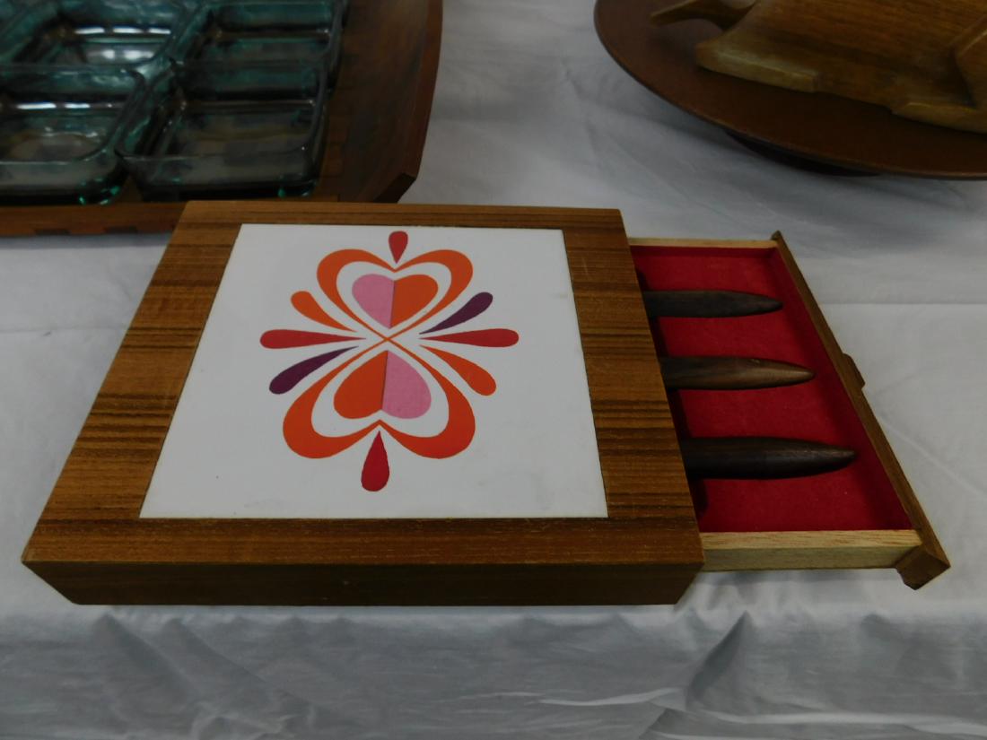 Vintage Teak Kitchenware & Serving Pieces: Vintage Teak Kitchenware & Serving Pieces [7 items] consisting of an early Dansk teak grid tray with nine green glass inserts (JHQ script mark no "Dansk"); a Kay Borjesen teak lazy susan; a Japanese t