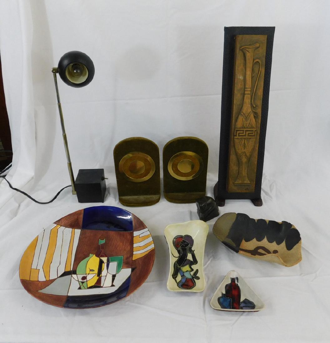 MCM Decorative Items: MCM Decorative Items: Lot consisting of: a carved wooden wall relief of an ewer signed "ME"; a pair of tan velvet-covered, brass-mounted bookends; a Michael Lax for Lightolier Lytegem lamp; a signed I