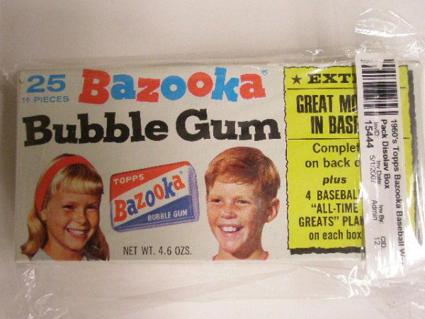 1963 Topps Bazooka Gum Box: 1963 Topps Bazooka Bubble Gum Box w/ Walter Johnson, John McGraw, Cy Young and Johnny Evers Cards on side panels and Walter Johnson story on back panel.