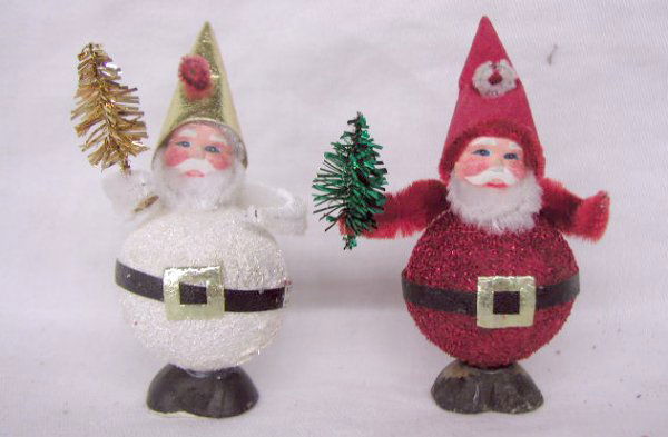 Vintage Santa Claus Christmas ornaments: Lot of 2 vintage Japanese paper, felt, pipe cleaner & plastic face Santa Claus Christmas ornaments
