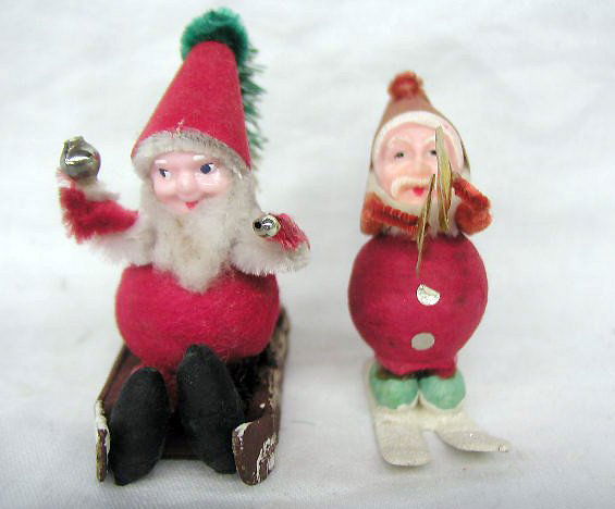 Vintage Santa Claus Christmas ornaments: Lot of 2 vintage Japanese paper, felt, pipe cleaner & plastic face Santa Claus Christmas ornaments