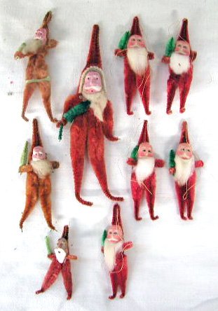 Vintage Santa Claus Christmas ornaments: Lot of 9 vintage Japanese felt pipe cleaner, composition & plastic face Santa Claus Christmas ornaments, large red, 2 brown & small red have composition faces