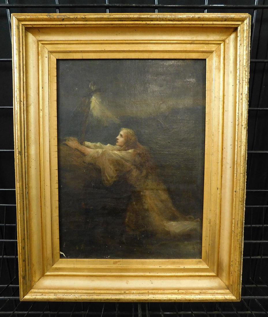 Nineteenth c Oil Painting of a Saint: Nineteenth c Oil Painting of Saint. Demale saint kneeing, receiving a vision from a crucifix. Likely either Saint Teresa or Catherine of Siena, dated 1883 around a monogram (which appears to be "ISS" 