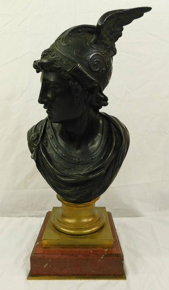 Antique French Bronze Bust of Mercury: Antique French Bronze Bust of Mercury. A fine 19th c French bronze bust of Mercury (Hermes), his head turned to the left, wearing a cloak over armor and his trademark winged helmet. Mounted on a gilt 