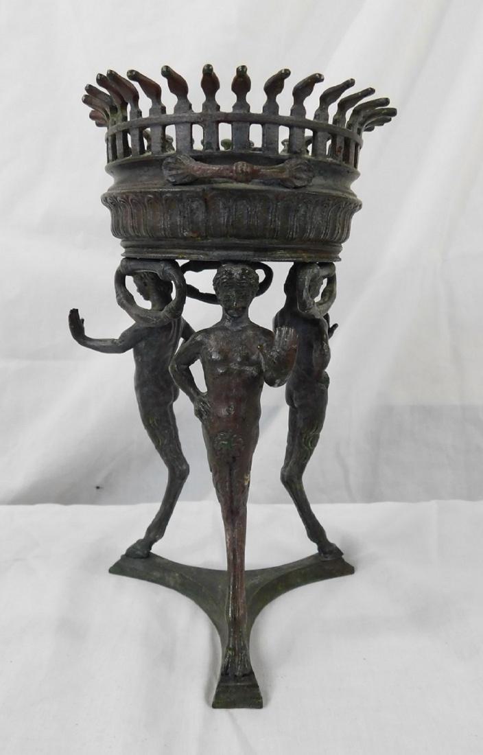 Pompeian Style Bronze Brazier: Pompeian Style Bronze Brazier, circular top bowl with open work grate form gallery top, two side handles, three ring handles under bowl, supported by tripod figural satyr supports with circular stretc