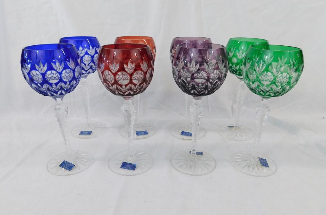 Set of 8 Godinger Crystal Goblets: Set of 8 Godinger Crystal Goblets, Crystal legends, made in Hungary, multi colored foliate and sphere cut bowls on cut crystal high steins and circular foot, 7 7/8"h, 20th C, all retain original manuf