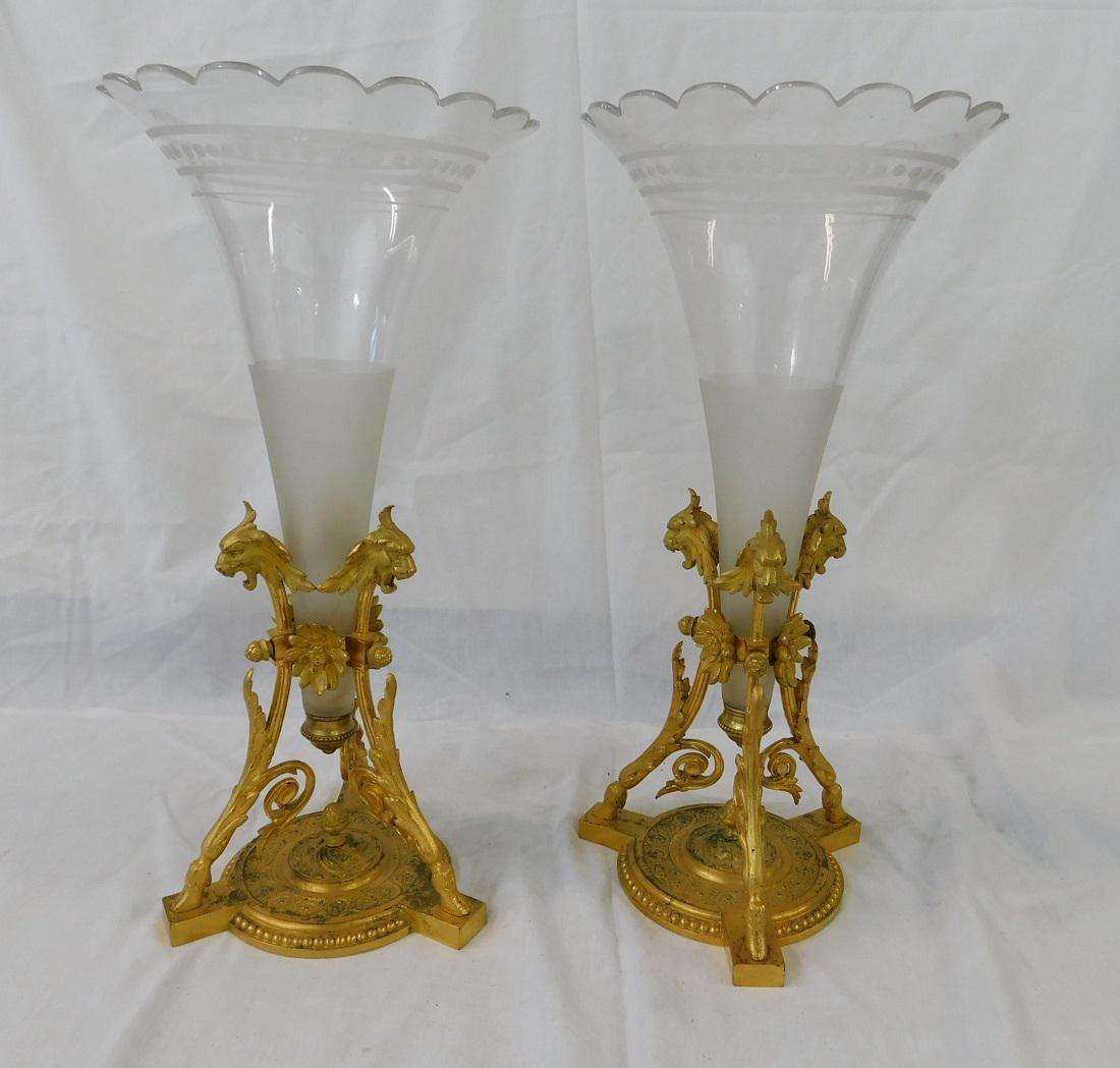 Pr Renaissance Revival Dore Bronze/ Glass Vases: Pr Renaissance Revival Dore Bronze/ Glass Vases, Dore bronze tripod stands on platform bases features Griffen masks, scrolls, hoof feet, acorns and rosettes and are fitted with trumpet form scalloped 