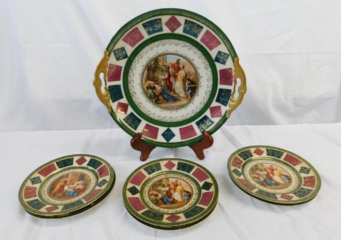 Royal Vienna Style Dessert Set: Royal Vienna Style Dessert Set, Behive mark and MZ Austria mark, depicts transfer-printed Roman Life scenes, green and red paneling with gold garland, Rosette and other highlights, includes: 10 3/4" c