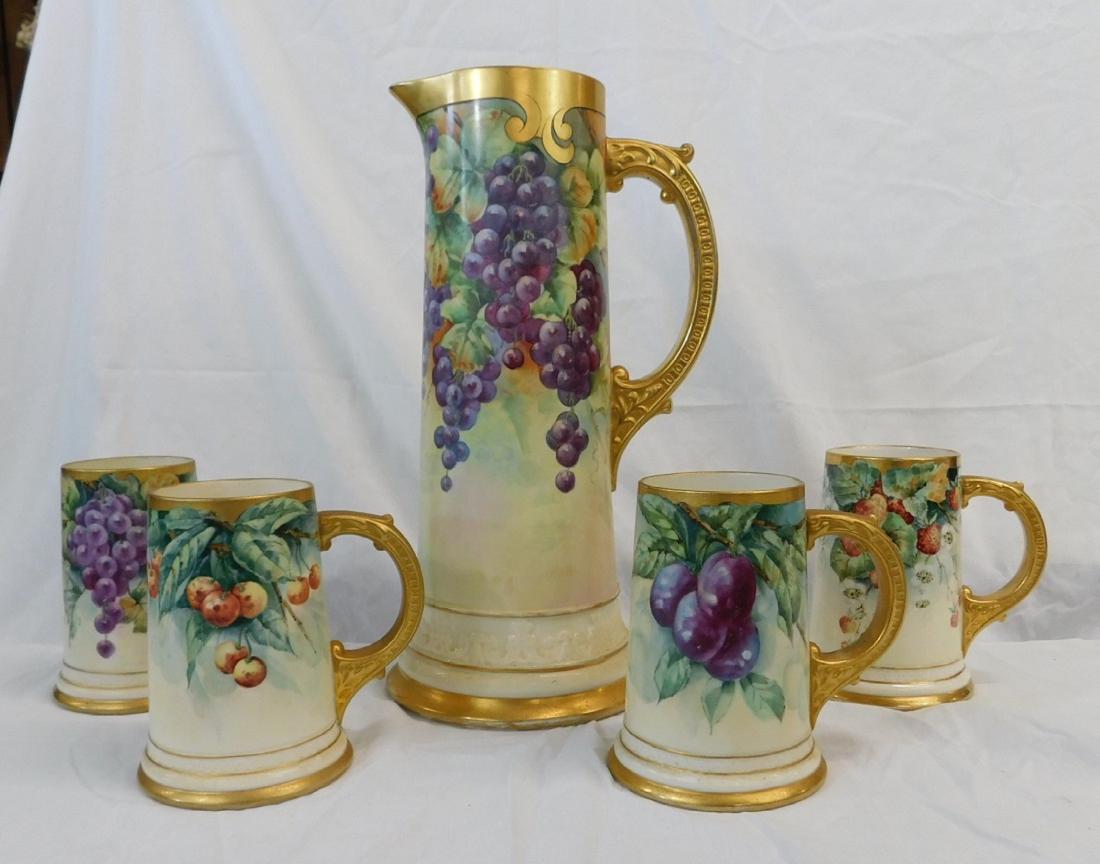 Early Lenox Belleek Porcelain Tall Pitcher & Mugs: Early Lenox Belleek Porcelain Tall Pitcher and Mugs, early Lenox China "Palette" mark, hand painted grape and leaf pattern, gold accent rim, base and handle, raised floral design band around base incl
