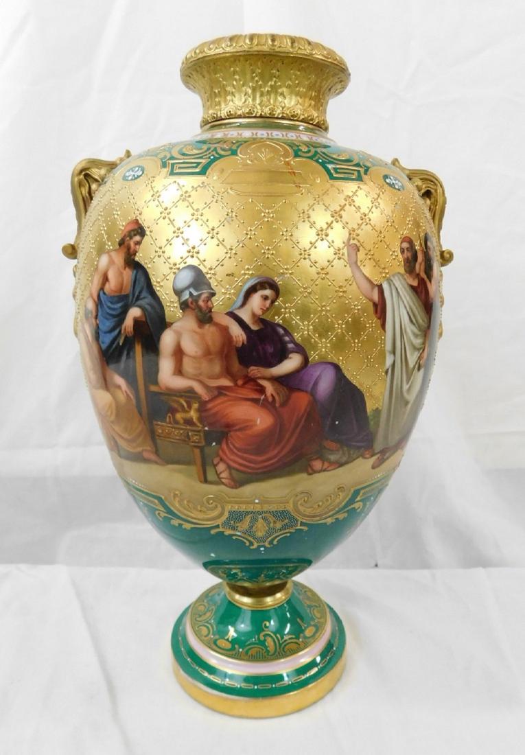 KPM Porcelain Urn: KPM Porcelain Urn, blue under glaze hallmark on base, features: bronze top rim; hand painted allegorical figures on intricate gold beaded and scroll ground with green surrounds, 12 1/2'h, late 19th C.