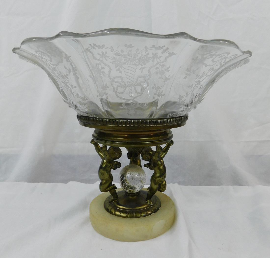 Center Bowl on Original Pairpoint Base: Center Bowl on Original Pairpoint Base, floral etched, marked "Pairpoint, diamond P makers mark and C5540", under base, brass top, bowl holder over brass finished metal three winged cherub supports, o