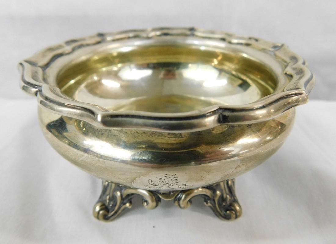 Sterling Master Salt: Sterling Master Salt Chester, England 842-3 touch mark, TW - W M maker's mark (possibly John Walker and unknown); scalloped rim on crushed body with lion engraved coat of arms, embossed four foot scro