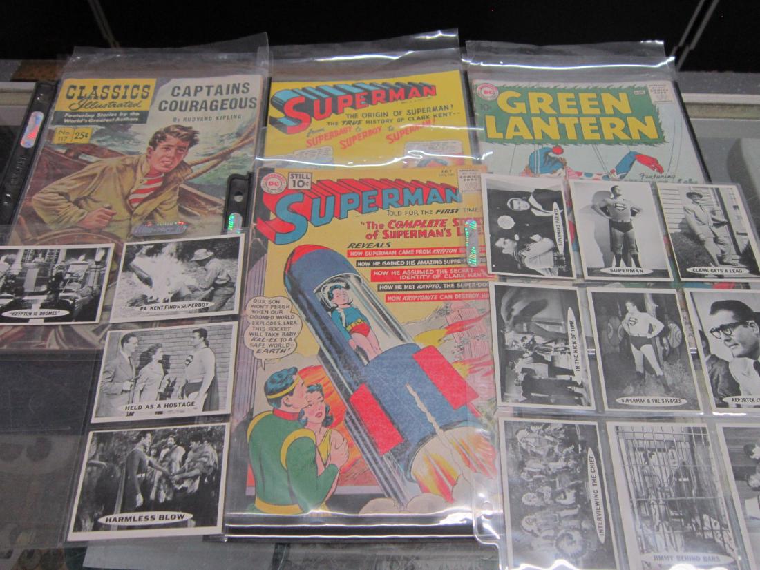 Superman Trading Cards, Comics & Other: Superman Trading Cards, Comic and Other including: thirteen 1950s Superman TV Show (George Reeves) black and white trading cards in plastic sleeves, 1961 Superman Comic (July, No. 146), 10¢, and 1966